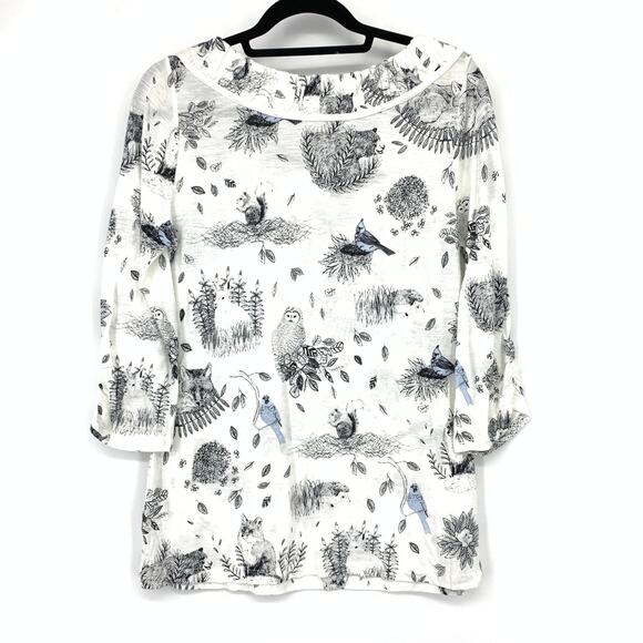 Anthropologie Postmark 3/4 Sleeve Graphic T-Shirt Womens M Woodland Creatures - Picture 2 of 7